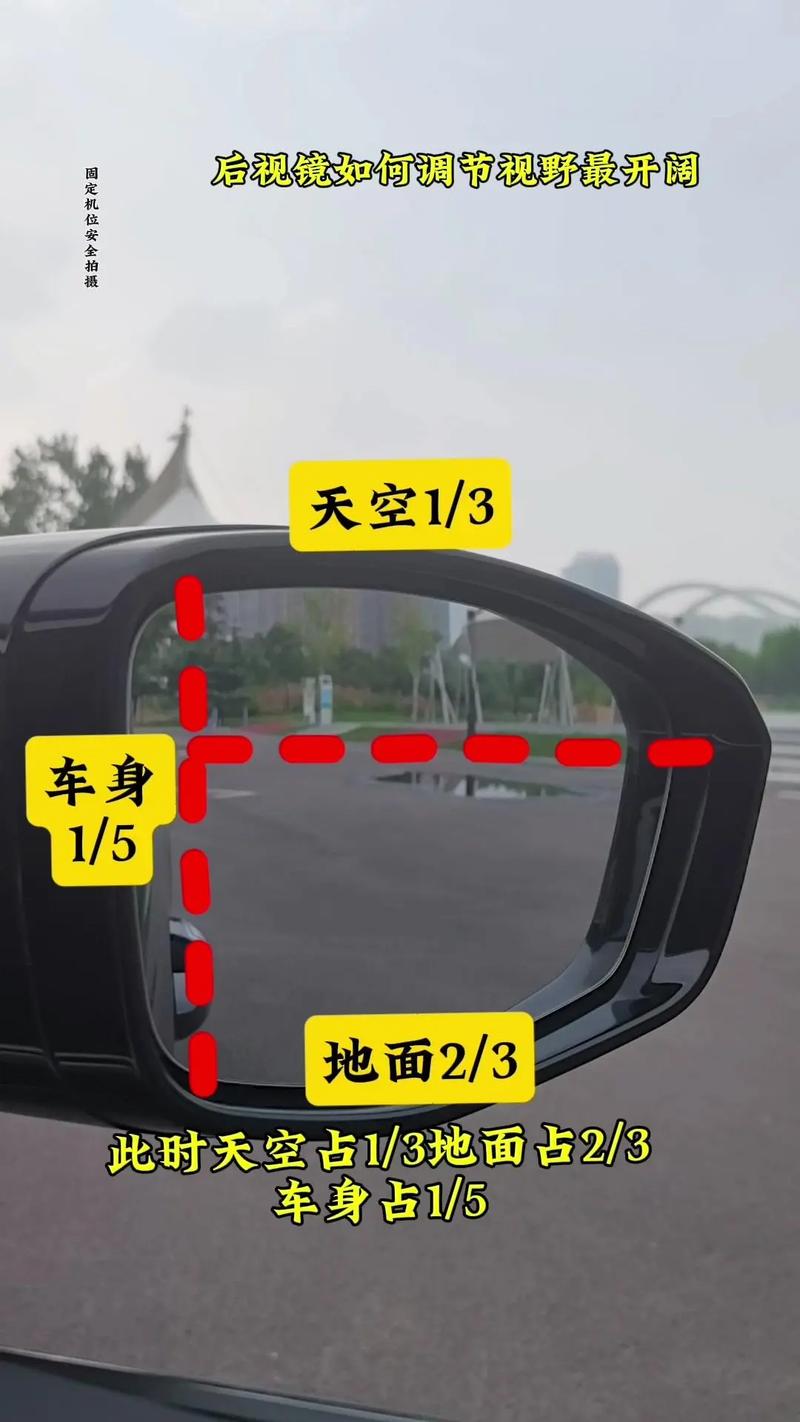 后视镜调节教程.天空,地面各占一半,车身占1/4.